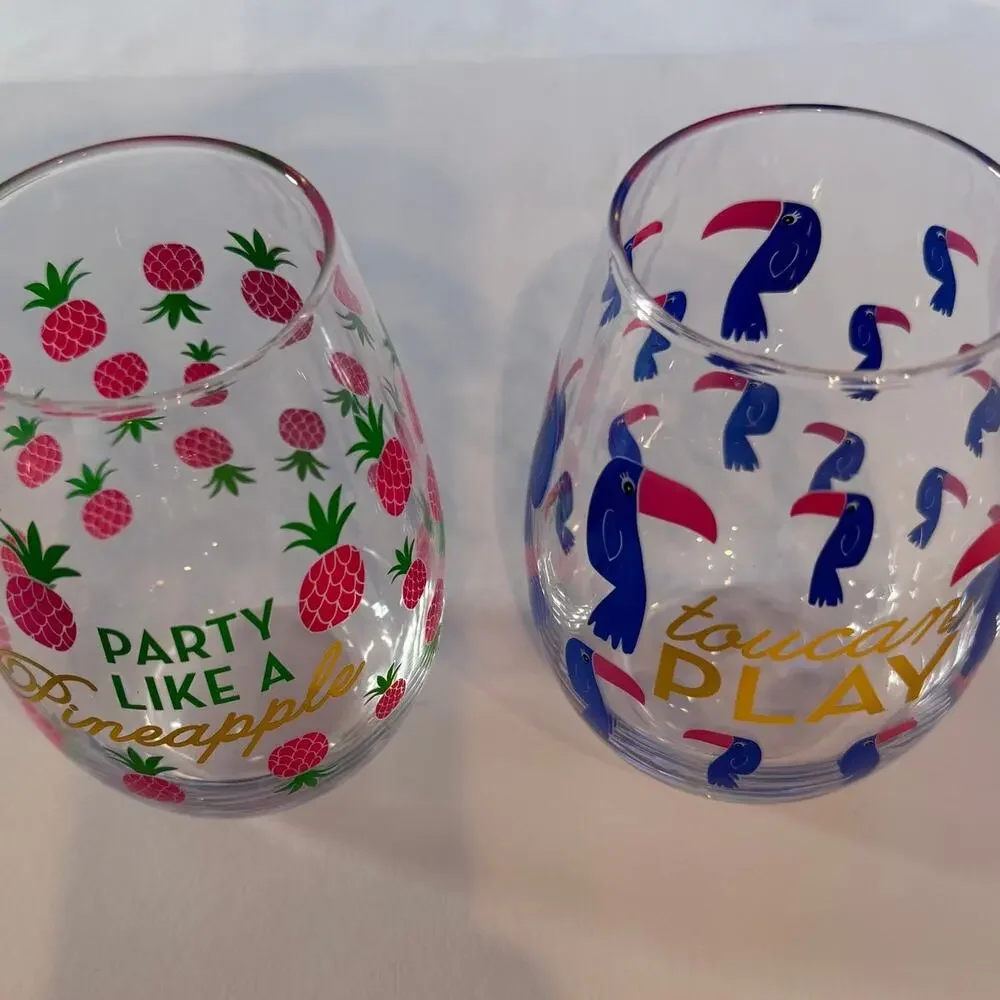 Set of 2 Tropical Summer Stemless Wine Glasses-Pineapple & Toucan Designs